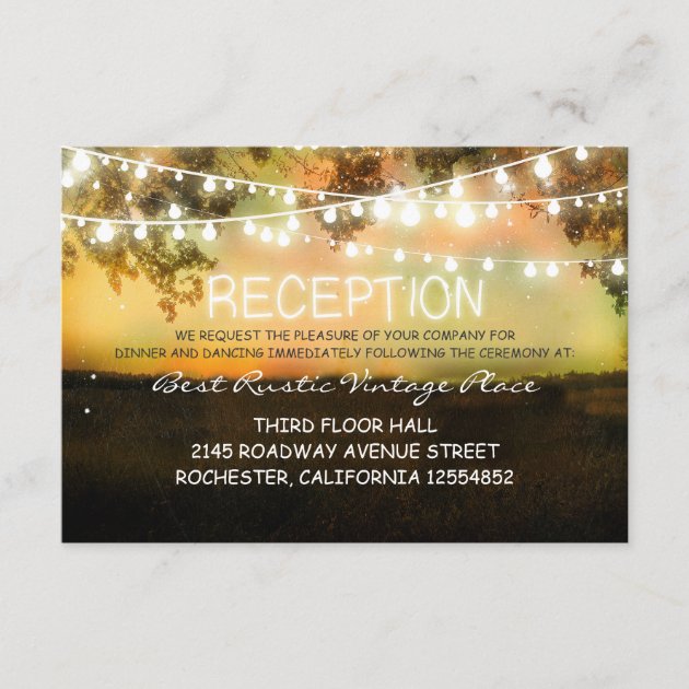 vintage rustic wedding reception card with lights