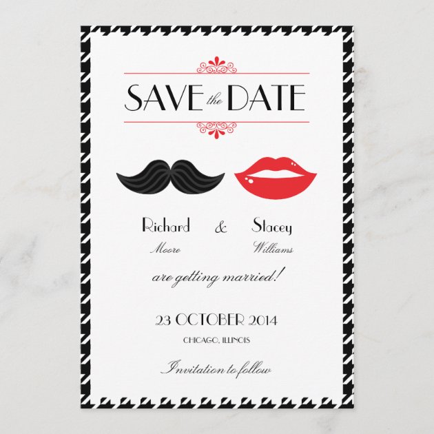 Red, Black & White Mustache & Lips Houndstooth Wed Save The Date