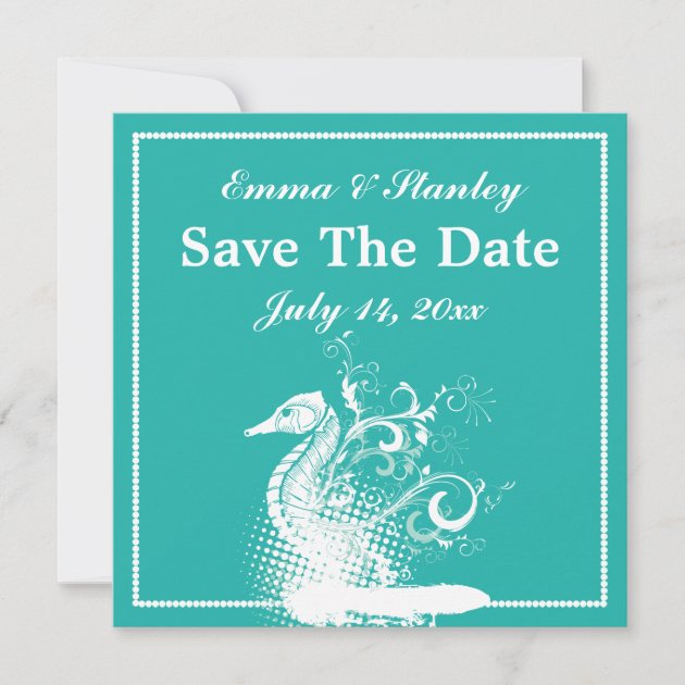 White seahorse blue green summer wedding save the date