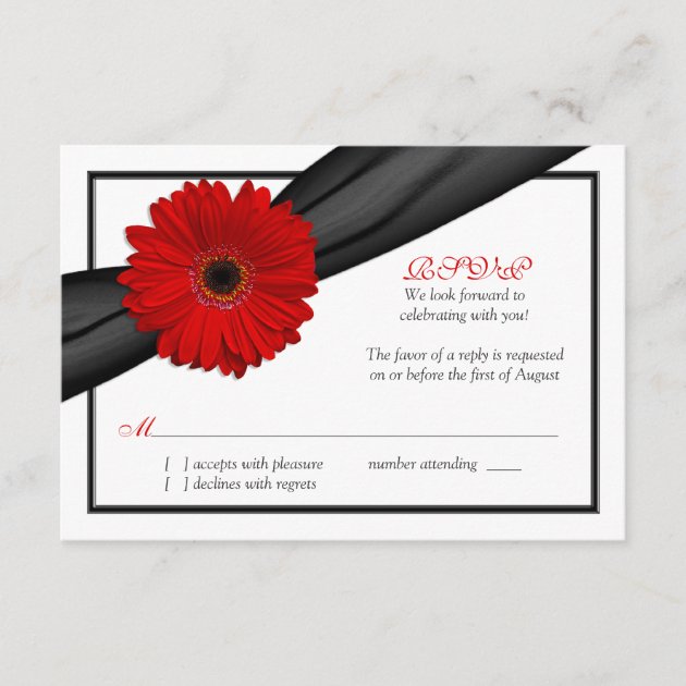 Red Gerbera Daisy Black Ribbon Wedding Reply Card