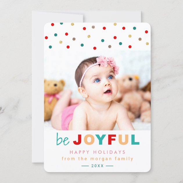 Be Joyful Confetti Dots Holiday Baby Kids Photo (front side)