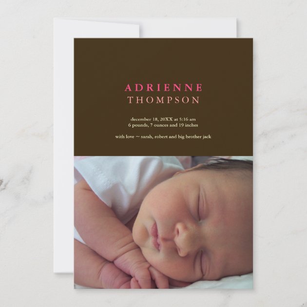 Solid sophistication brown pink photo baby birth announcement
