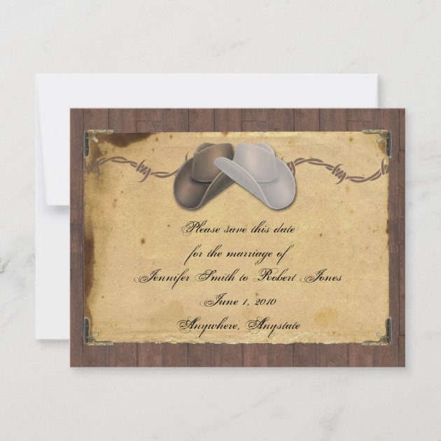 Rustic Country Cowboy Hats Barbed Save the Date (front side)