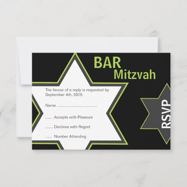 Star of David Bar Mitzvah Bright Green & Grey RSVP