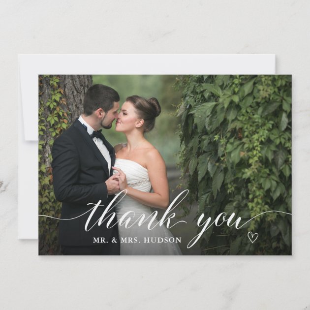 Stylish White Script Wedding Photo Thank You (front side)