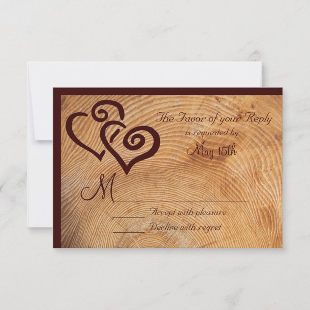 Country Wood Tree Rings Double Hearts Wedding RSVP