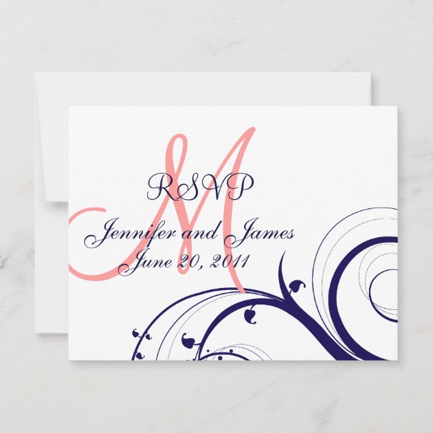 Wedding RSVP Card Swirls Navy Blue Coral Pink (front side)