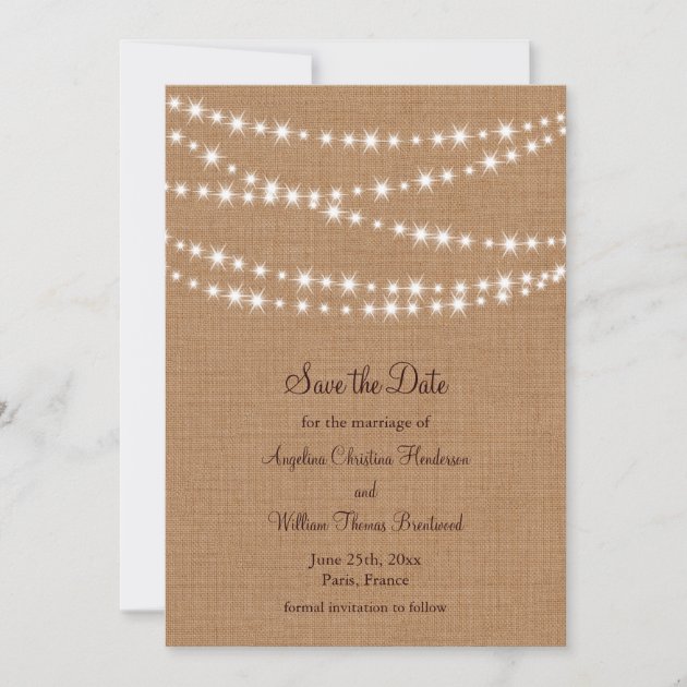 Twinkle Lights Save the Date on Burlap