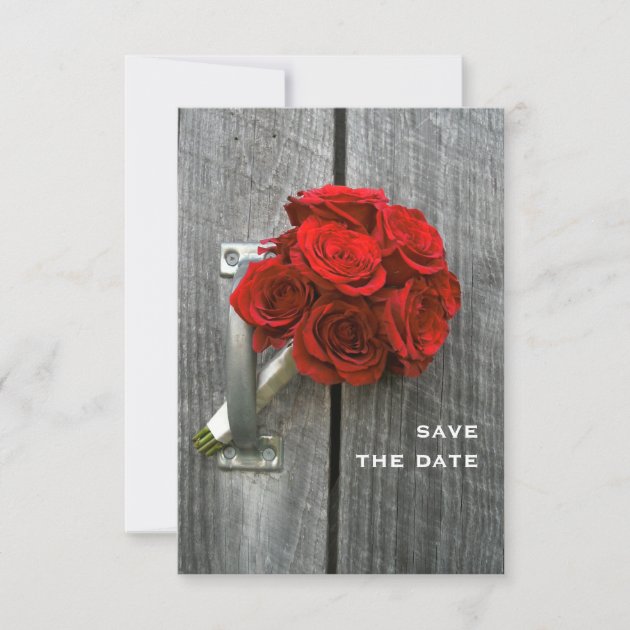 Red Rose Bouquet & Barnwood Wedding Save The Date