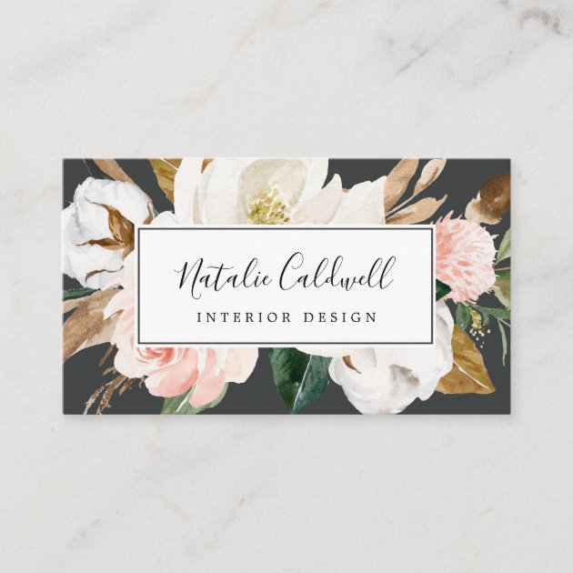 Elegant Magnolia | Black and White Business Card (front side)