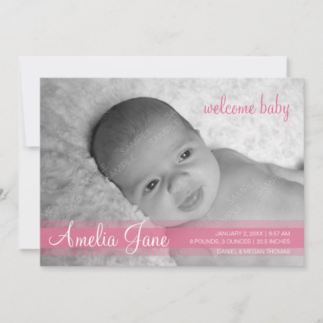 Pink Modern Baby Girl Announcement (front side)