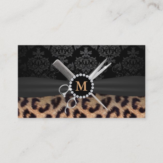 Hair Stylist Monogram Modern Leopard Print Business Card (front side)