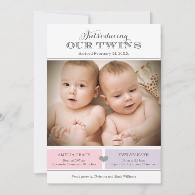 Twins Photo Birth Announcement Card | Baby Girls (front side)