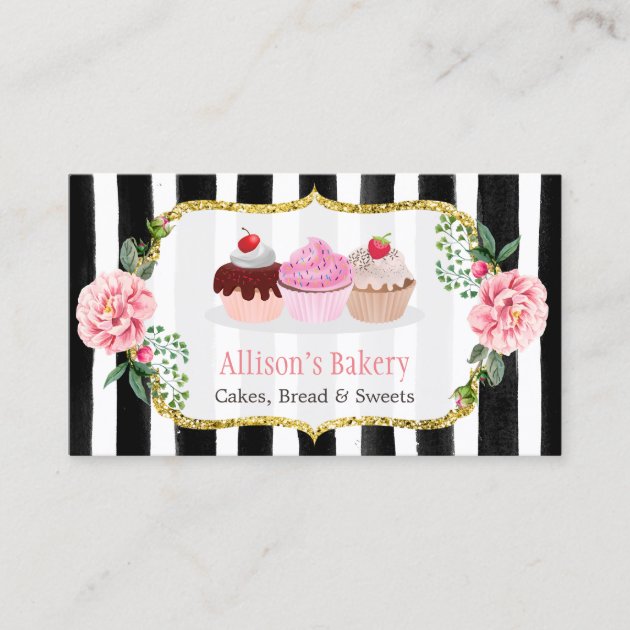 Sweet Bakery Cupcakes Gold Pink Floral Striped Business Card (front side)