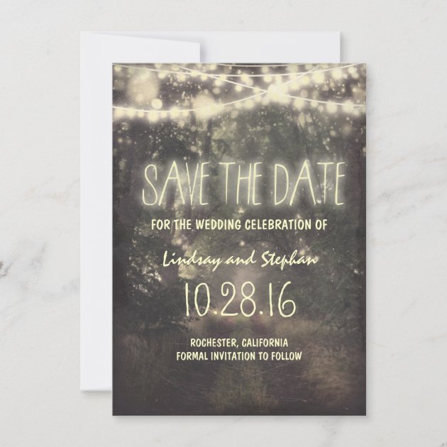 twinkle lights rustic save the date cards