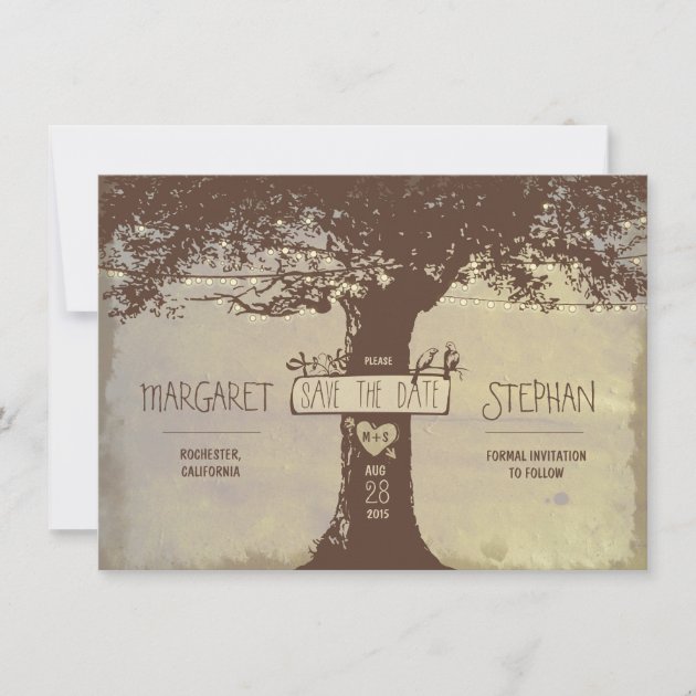 rustic tree and string lights save the date card