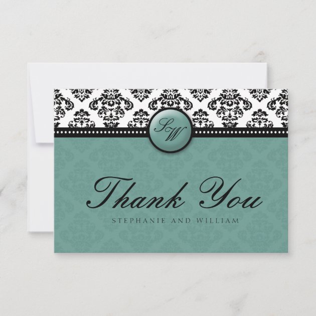 Teal Damask Monogram Wedding Thank You Card