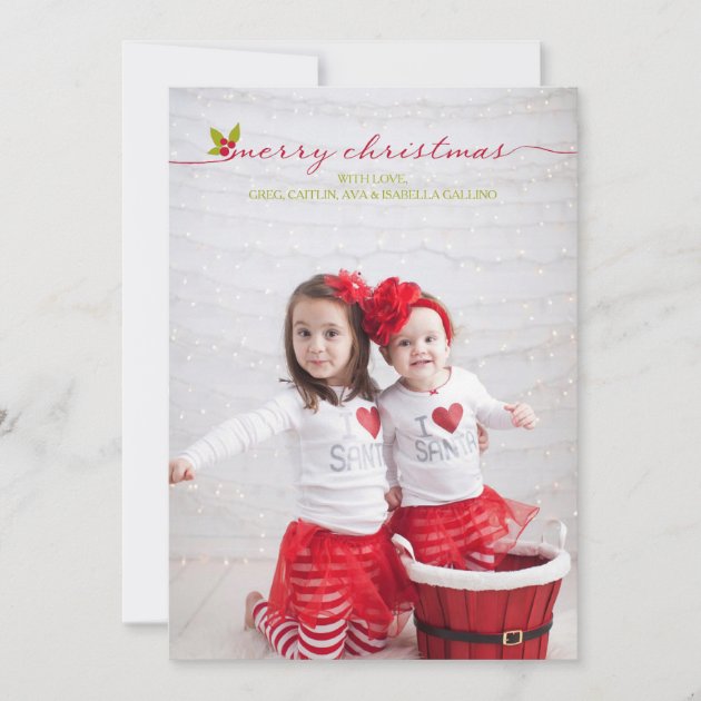 Full Photo Merry Christmas Holly and Berries Holiday Card