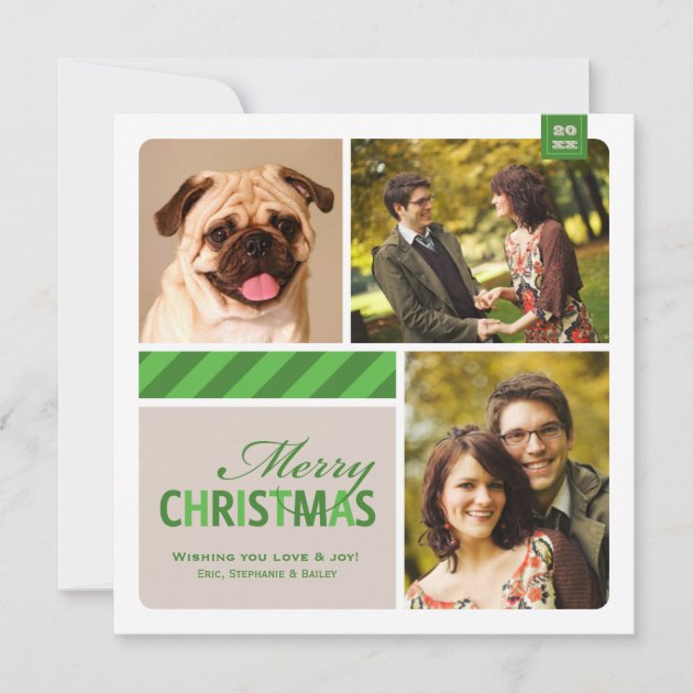Merry Christmas Photo Collage  | Green White Cream Holiday Card