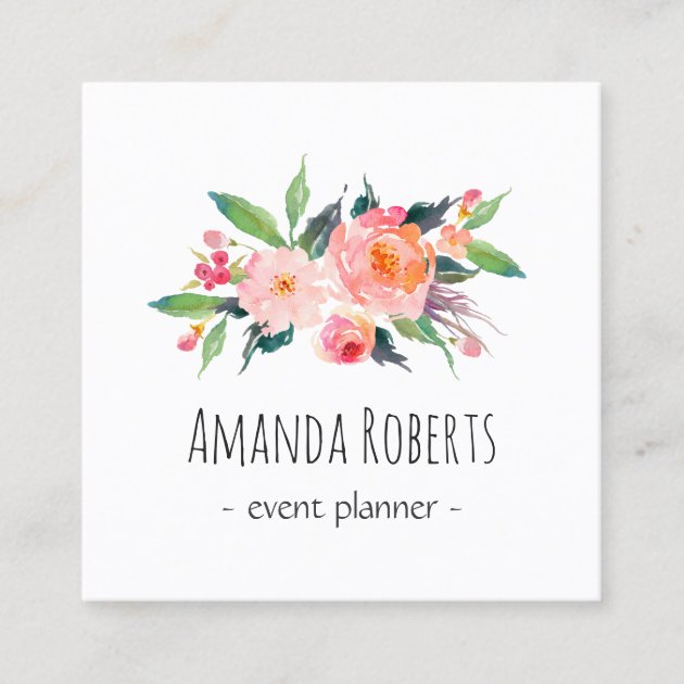 Modern Classy Watercolor Floral Personalized Square Business Card (front side)