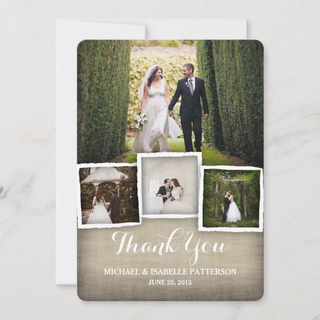 Country Burlap Wedding Photo Thank You Card (front side)