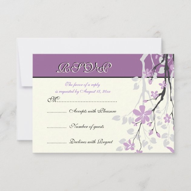 Magnolia branch purple flowers wedding RSVP card