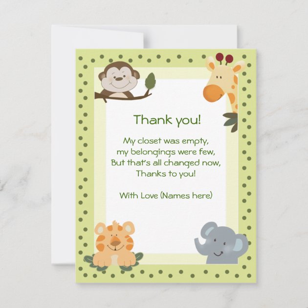 Jungle Safari Animals Baby Shower Thank you notes (front side)