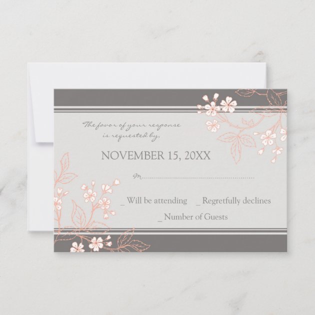 Coral Grey Floral RSVP Wedding Card (front side)