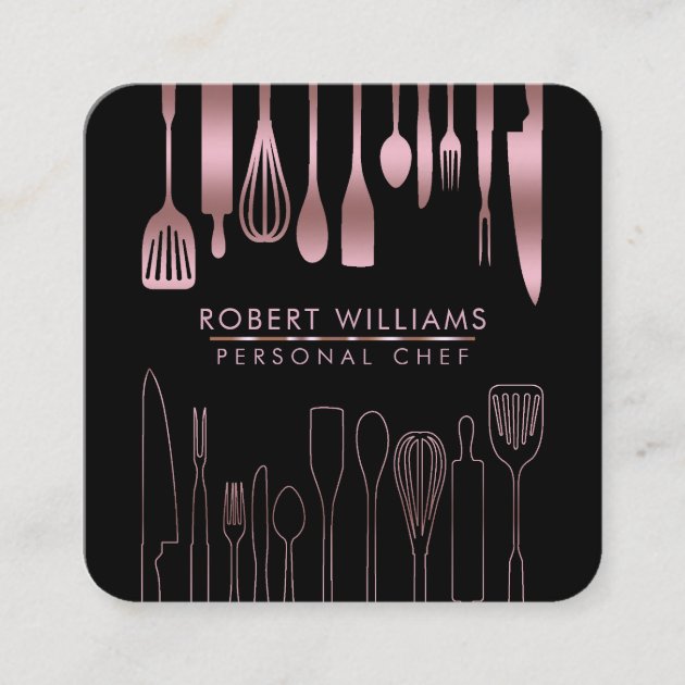Rose Gold Chef Kitchen Utensil Tools Faux Catering Square Business Card (front side)