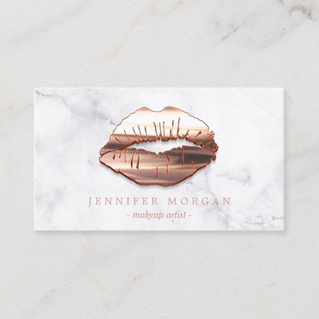 Trendy Marble Rose Gold 3D Lips Makeup Artist Business Card (front side)