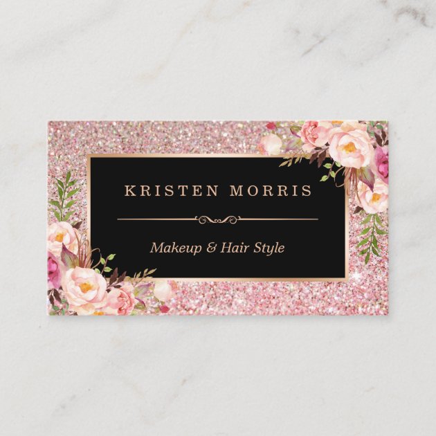 Floral Rose Gold Glitter Makeup Artist Hair Salon Business Card (front side)