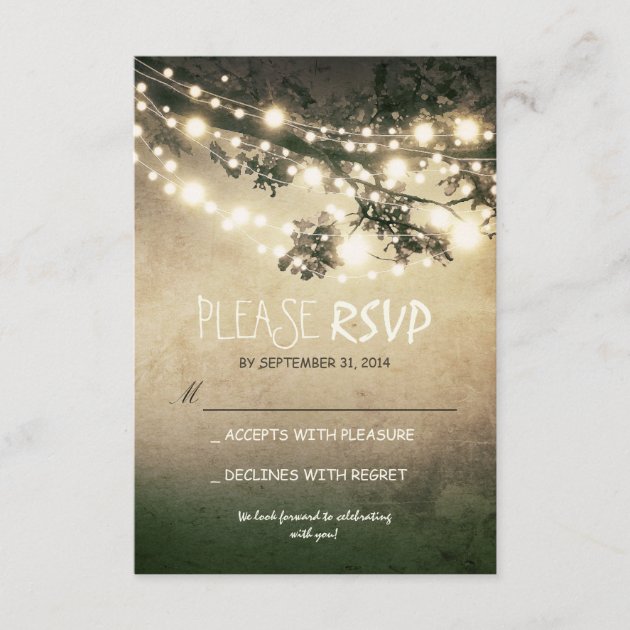 Rustic lights wedding RSVP cards (front side)