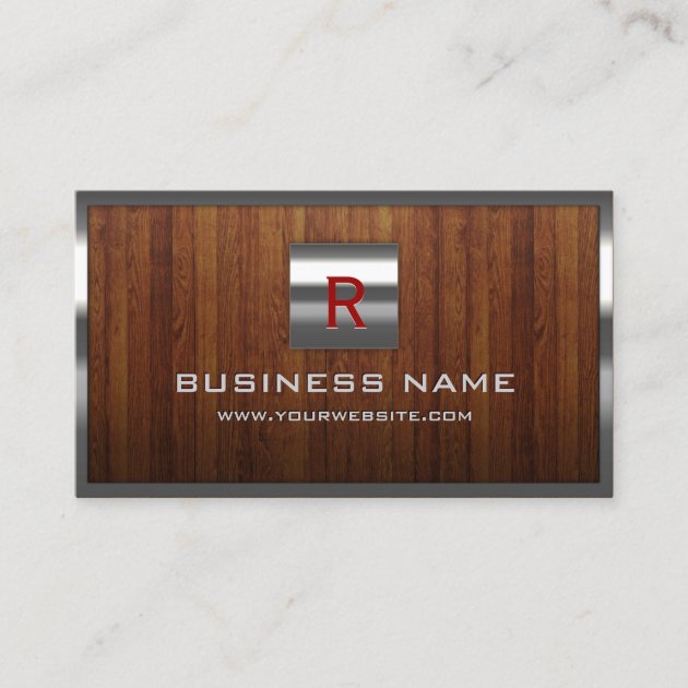 Metal Monogram Steel Border Wood Professional Business Card (front side)