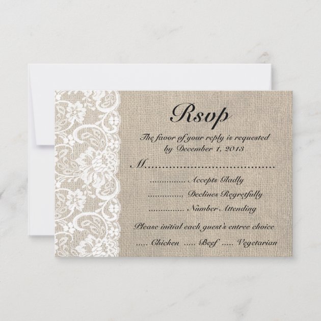 Rustic White Lace Burlap Look RSVP Card with Meals