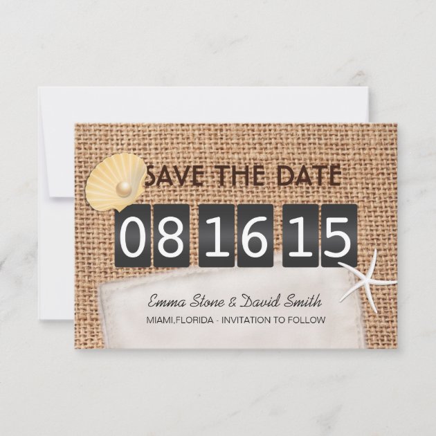 Rustic Burlap Beach Wedding Save the Date Cards (front side)