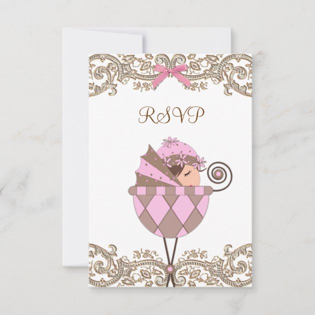 Pink Brown Lace Girl Baby Shower RSVP