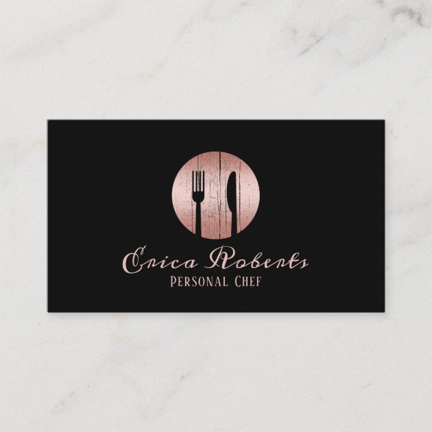 Personal Chef Event Catering Black & Rose Gold Business Card (front side)