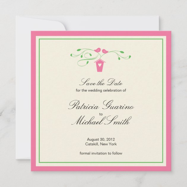 Pink and Greeen Love Birds | Save The Date (front side)