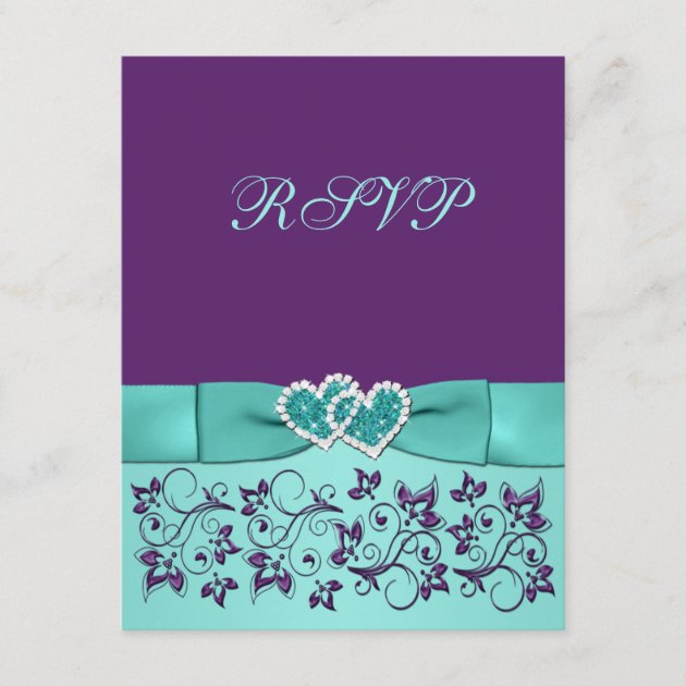 PRINTED BOW Aqua, Purple Floral Wedding RSVP card