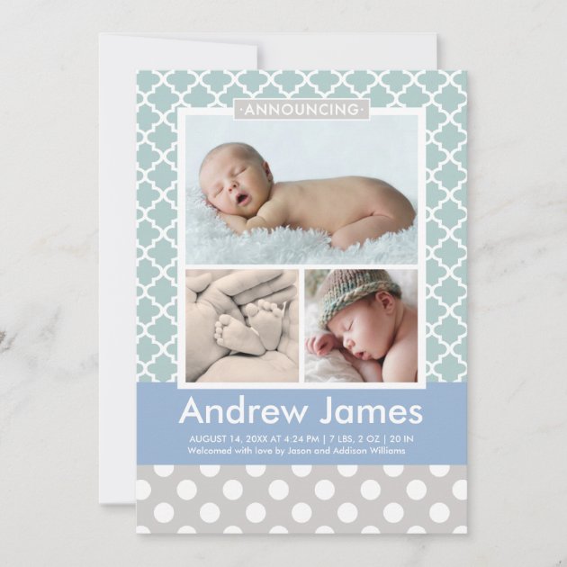 Boy Photo Birth Announcement Card | Modern Pattern