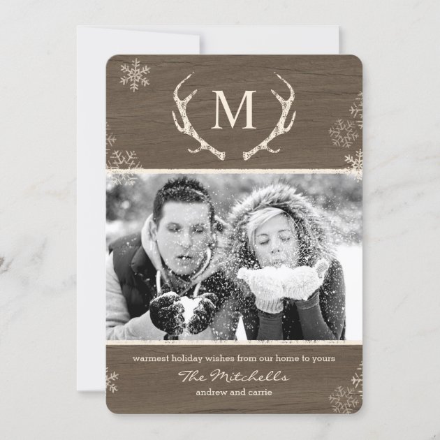 Rustic Antlers Holiday Photo Card Christmas Card (front side)