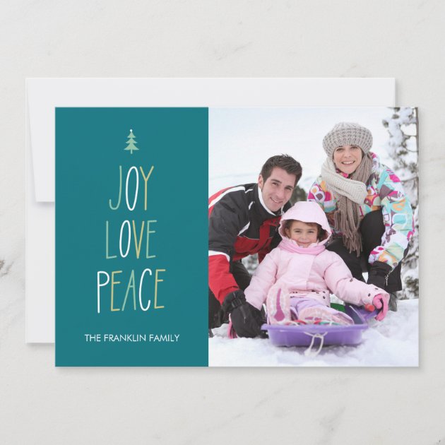 Joy, Love & Peace Hand Lettered Holiday Photo Card (front side)