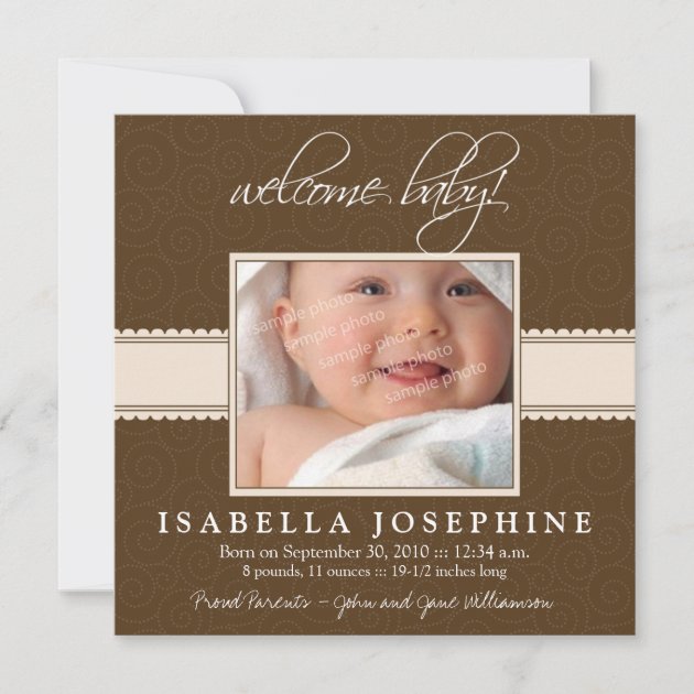 Welcome Baby! Taupe Ribbon Birth Announcement