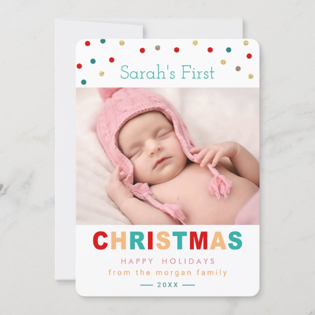 Cute Confetti Dots Baby's First Christmas Photo Holiday Card