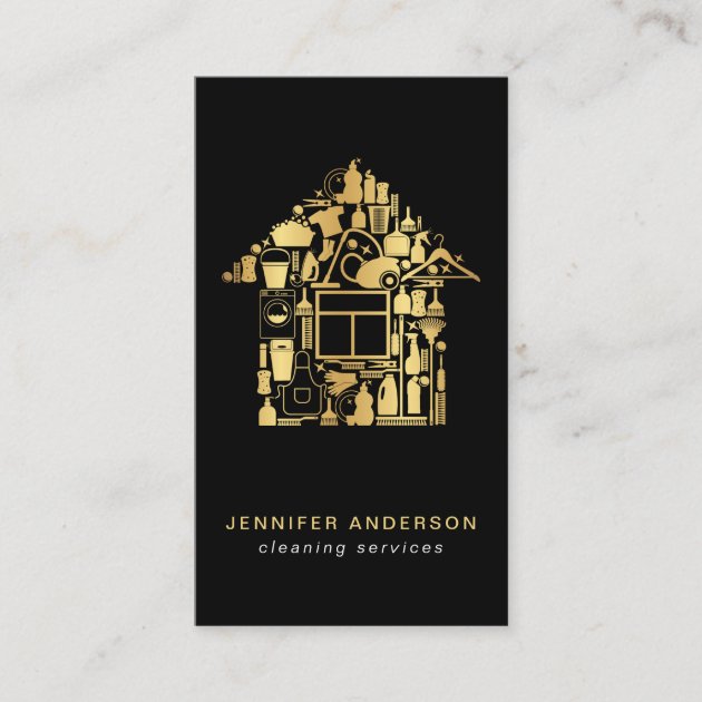 Modern Gold And Black Cleaning Services Business Card (front side)