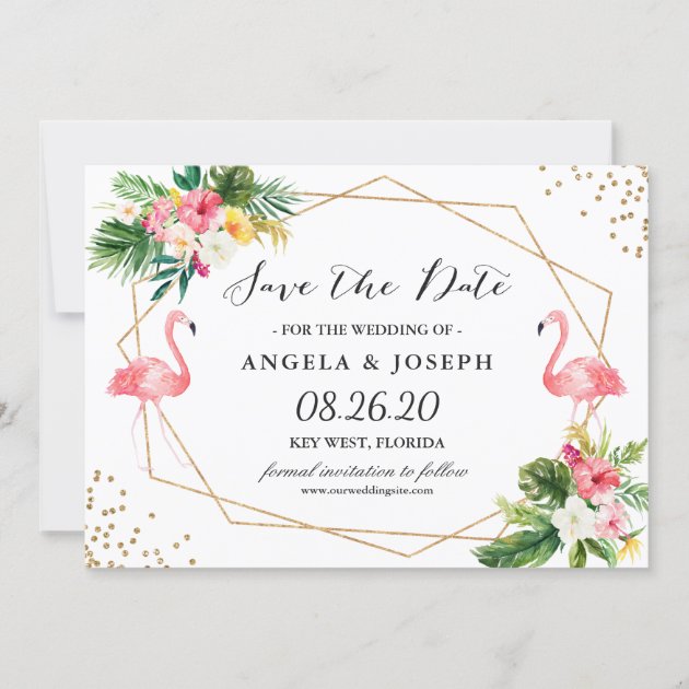 Tropical Floral Flamingos Summer Save The Date