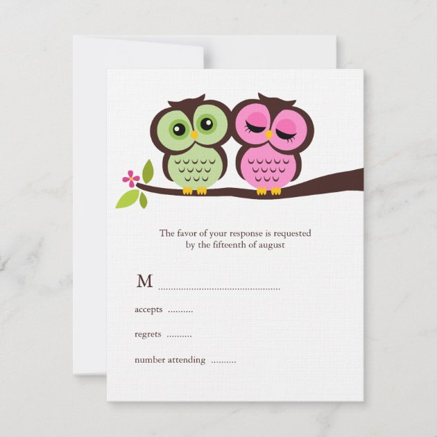 Green and Pink Owls Wedding RSVP Card