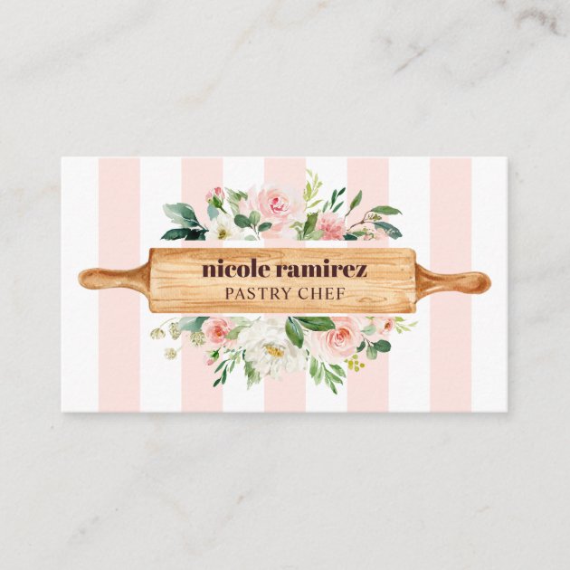Floral Bakery Rolling Pin Patisserie striped Business Card (front side)