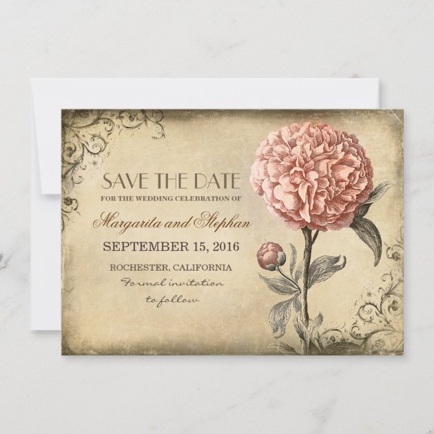 vintage rustic save the date card with pink peony