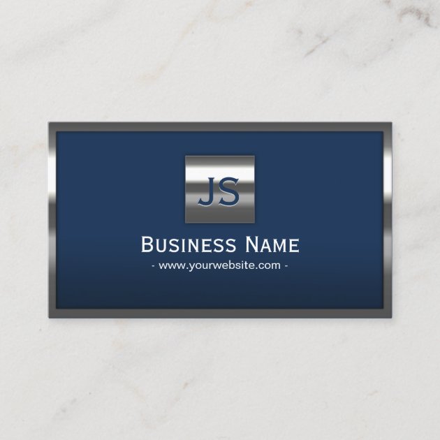 Monogram Navy Blue Modern Metal Frame Professional Business Card (front side)